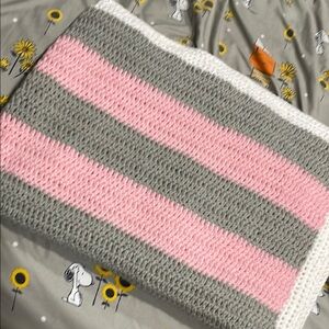 Pink and Gray Striped Blanket with Classic Design
